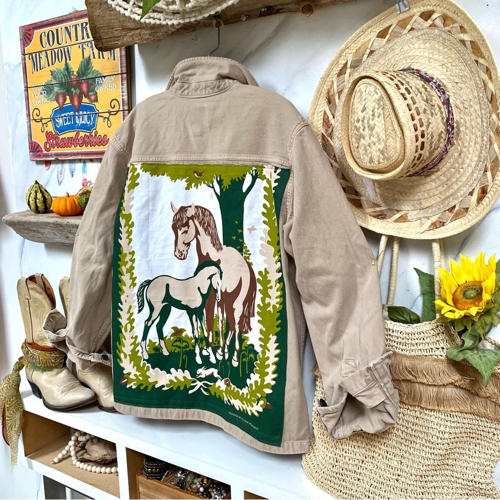 Upcycled By The Beautiful @beyoushop! Boho Western Beige Jacket with Horse Patch - Picture 6 of 14